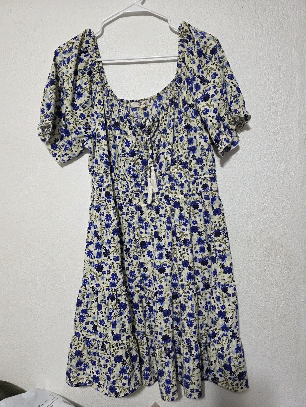 Hint Of Blush Blue & Cream Floral Tiered Dress with Smocked Waist